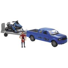 1:18 Scale Blue F-150 Truck with Trailer and Polaris Switchback Snowmobile