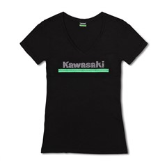 Women's Kawasaki 3 Green Lines Rhinestone V-Neck Tee